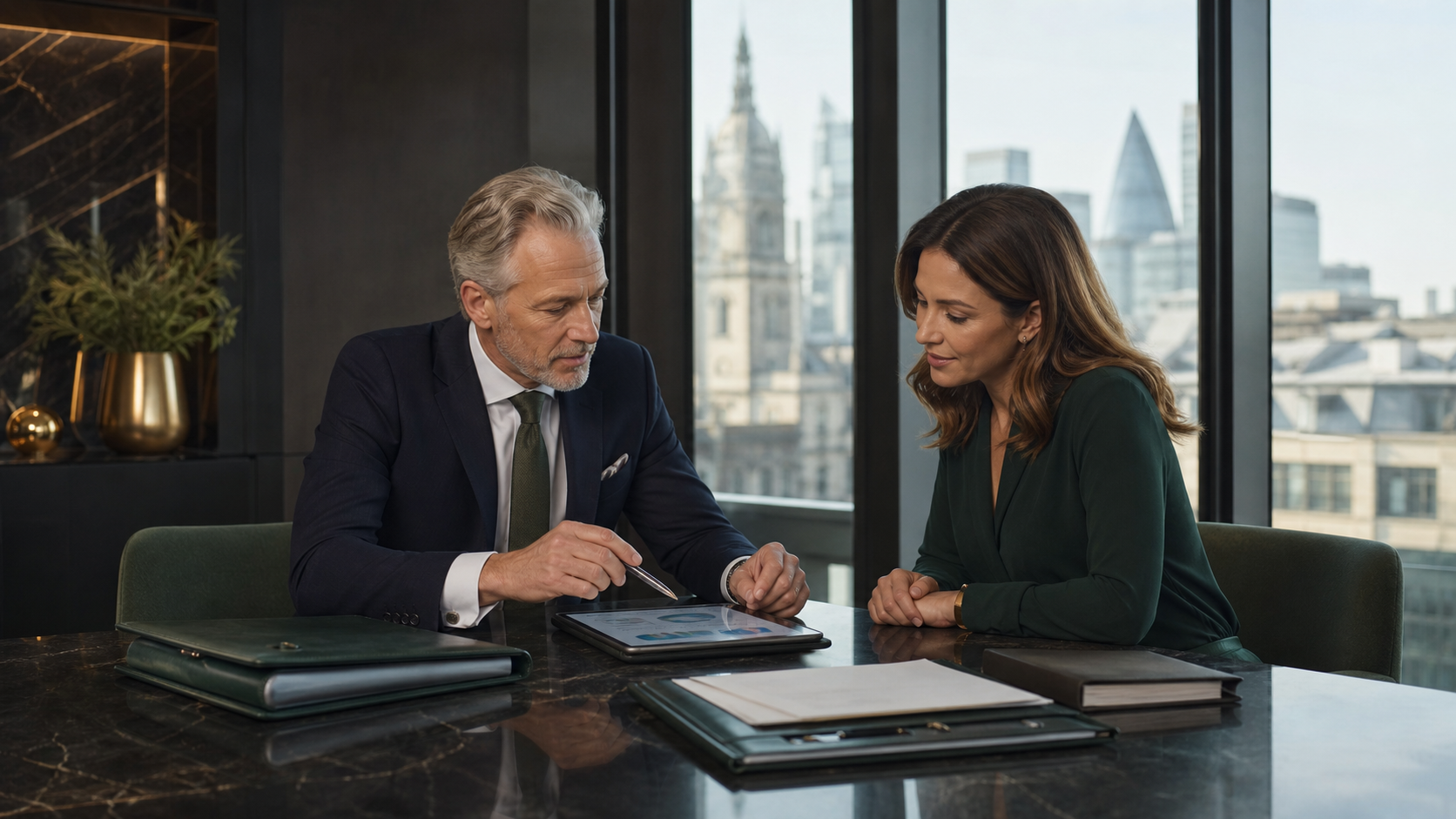 MONAD Financial Services relationship manager reviewing financial materials with a client