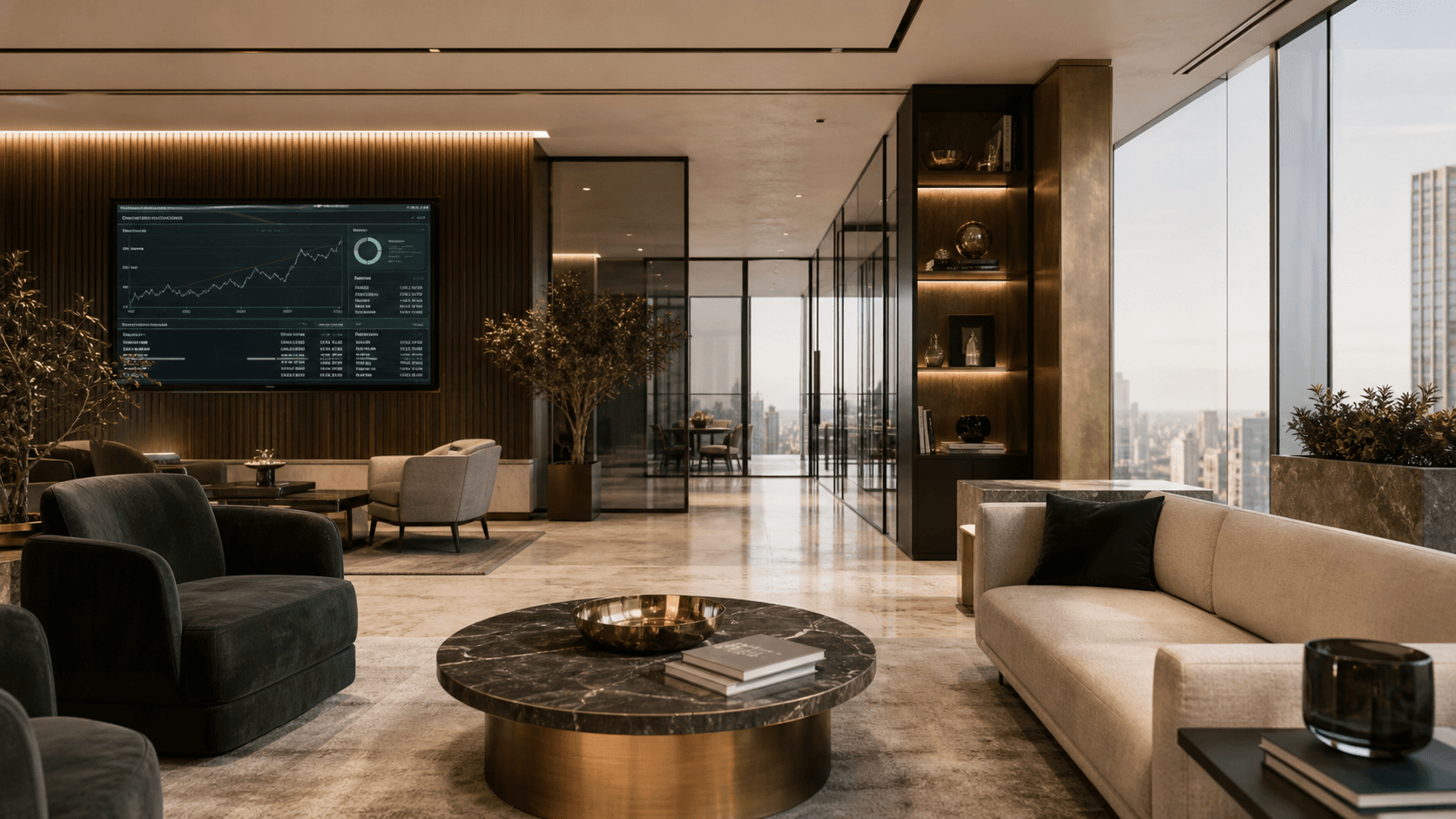 Premium private banking office with digital operations displays
