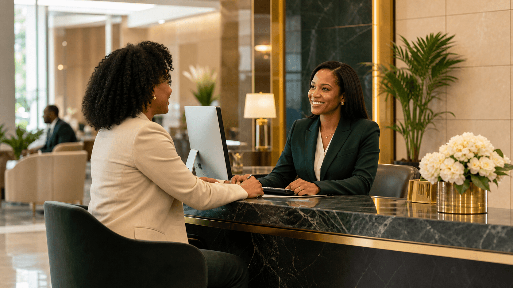 MONAD BANK support specialist helping a client at a private banking desk